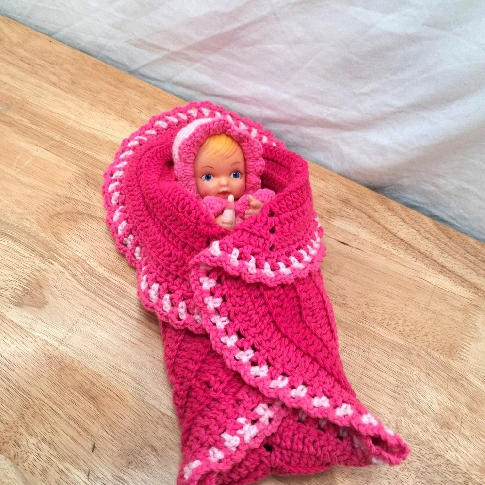Vintage Crocheted Baby Doll In Blanket Pink and White Rubber Face Hands Granny
